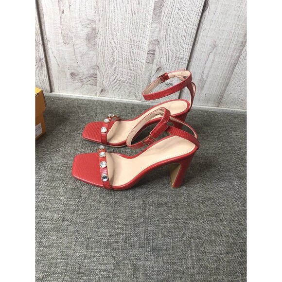 Womens Vetaste Red Chunky Sexy Ankle Strap Rhinestones Dress Heels Shoes Size 5 - Picture 4 of 8